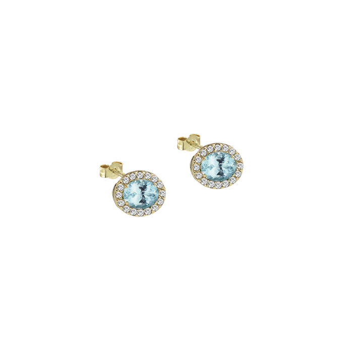 Orecchini in oro 18 kt con ovale di acquamarina contornato da diamanti bianchi