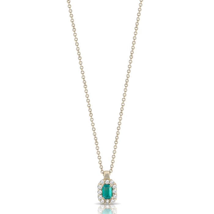 Collana in oro 18 kt con smeraldo centrale contornato da diamanti bianchi