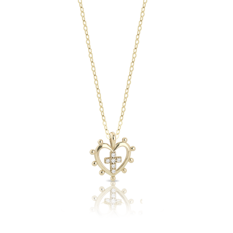 Collana in oro 18 kt con cuore sacro e croce di diamanti bianchi