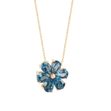 Collana con fiore  in oro giallo e topazio blu london ct 0,85