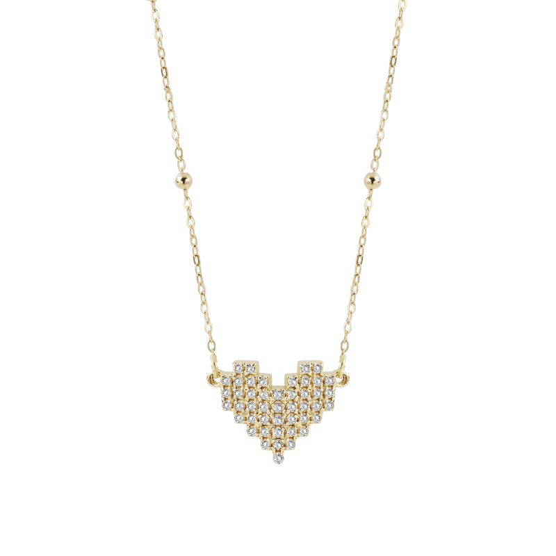 Gold necklace with elongated heart pendant with diamonds