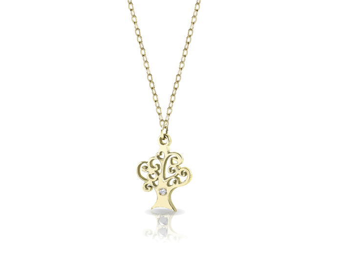 Collana in oro con ciondolo a forma di albero della vita e diamante bianco