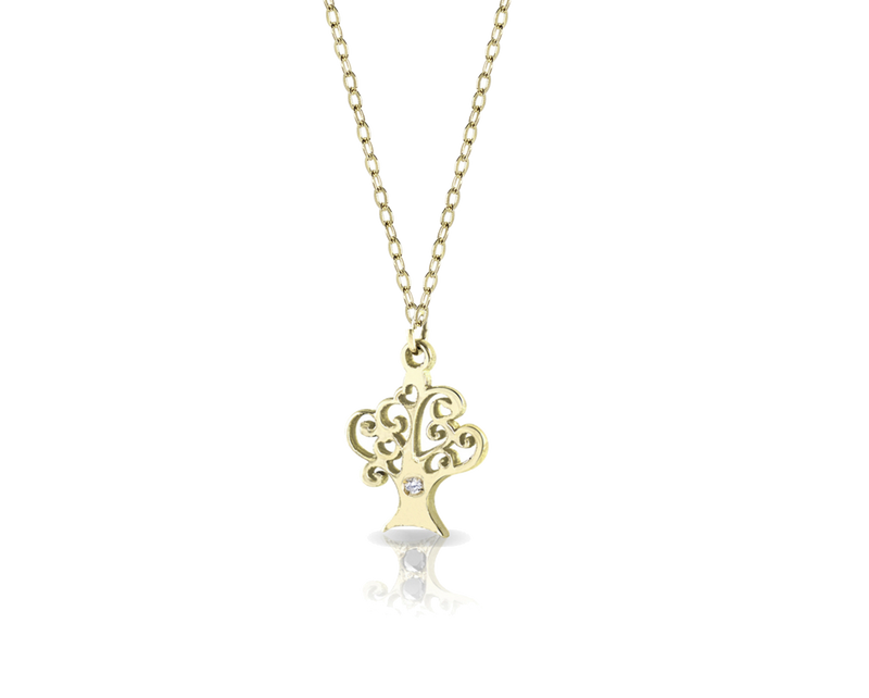 Collana in oro con ciondolo a forma di albero della vita e diamante bianco