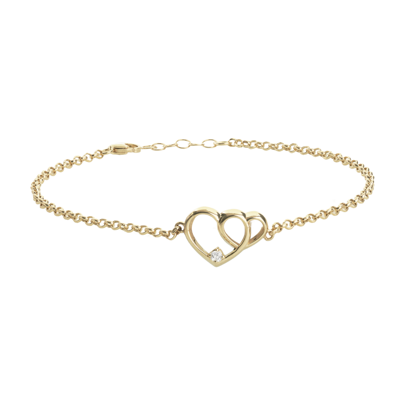 Bracciale con ciondolo a forma di  doppio cuore con diamante