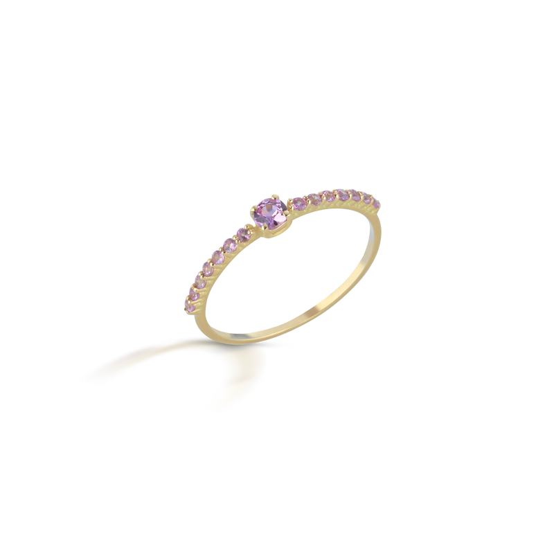 Anello riviera in oro 18 kt, con centrale e laterali zaffiri rosa