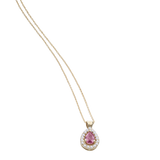 Collana in oro con zaffiro rosa a goccia contornato di diamanti bianchi