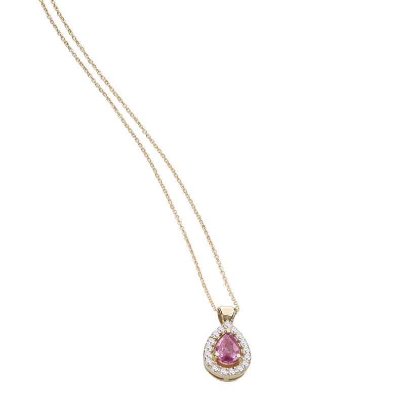 Collana in oro con zaffiro rosa a goccia contornato di diamanti bianchi