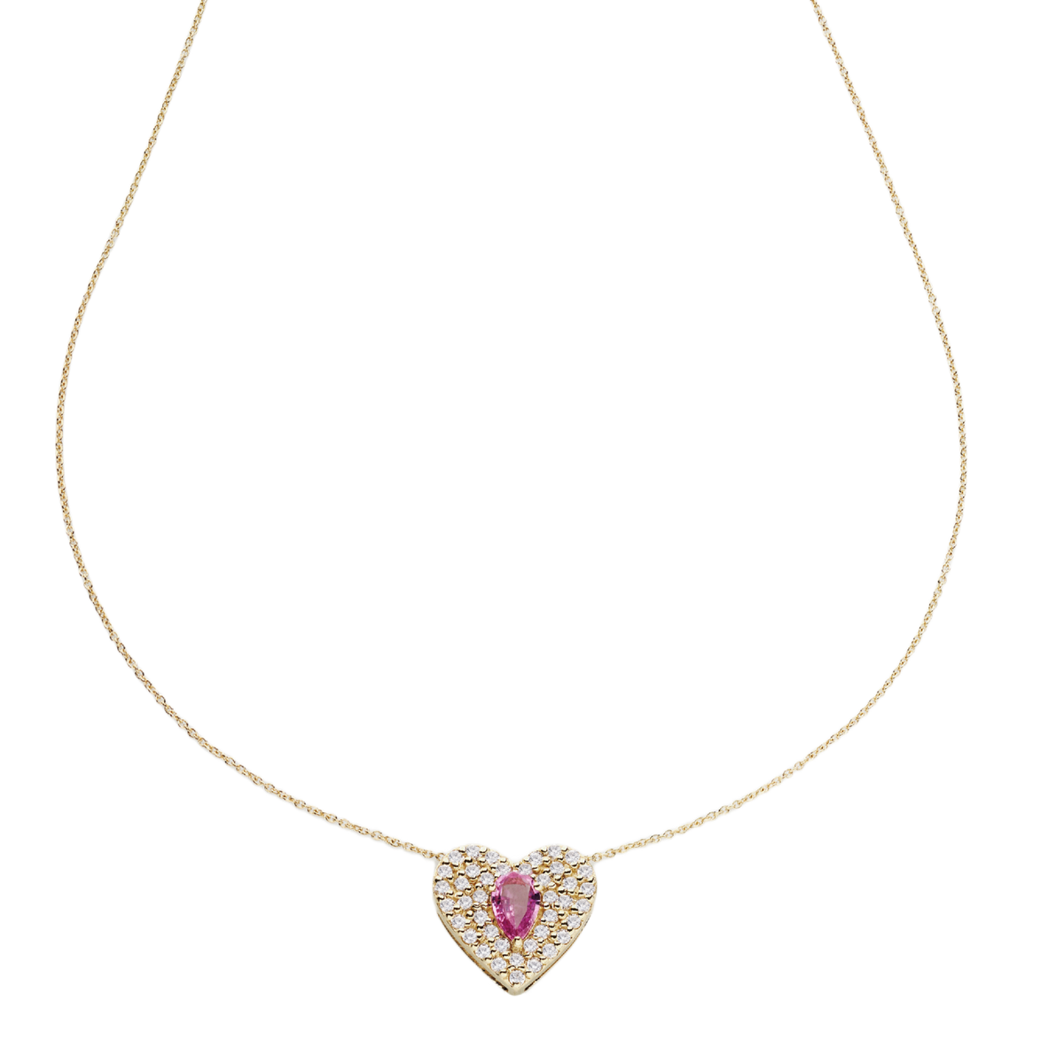 Collana  in oro 18 kt a forma di cuore con zaffiro rosa e diamanti