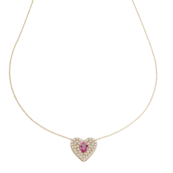 Collana  in oro 18 kt a forma di cuore con zaffiro rosa e diamanti