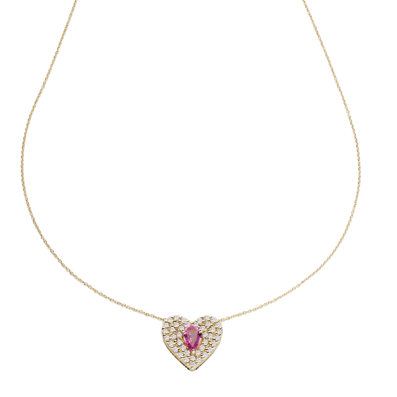 Collana  in oro 18 kt a forma di cuore con zaffiro rosa e diamanti