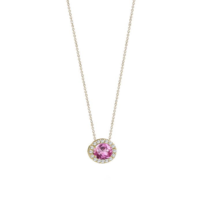 Collana in oro con ciondolo a forma ovale con zaffiro rosa e diamanti bianchi