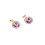 18kt gold oval earrings with pink sapphire surrounded by white diamonds