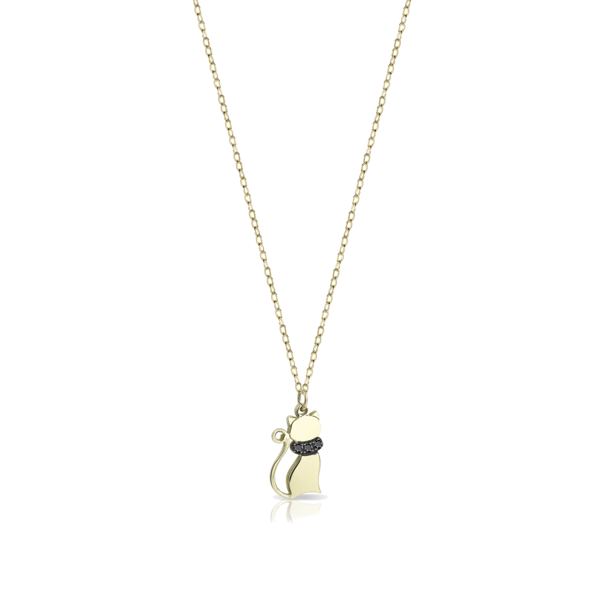 Gold necklace with pendant in the shape of a kitten and black diamonds