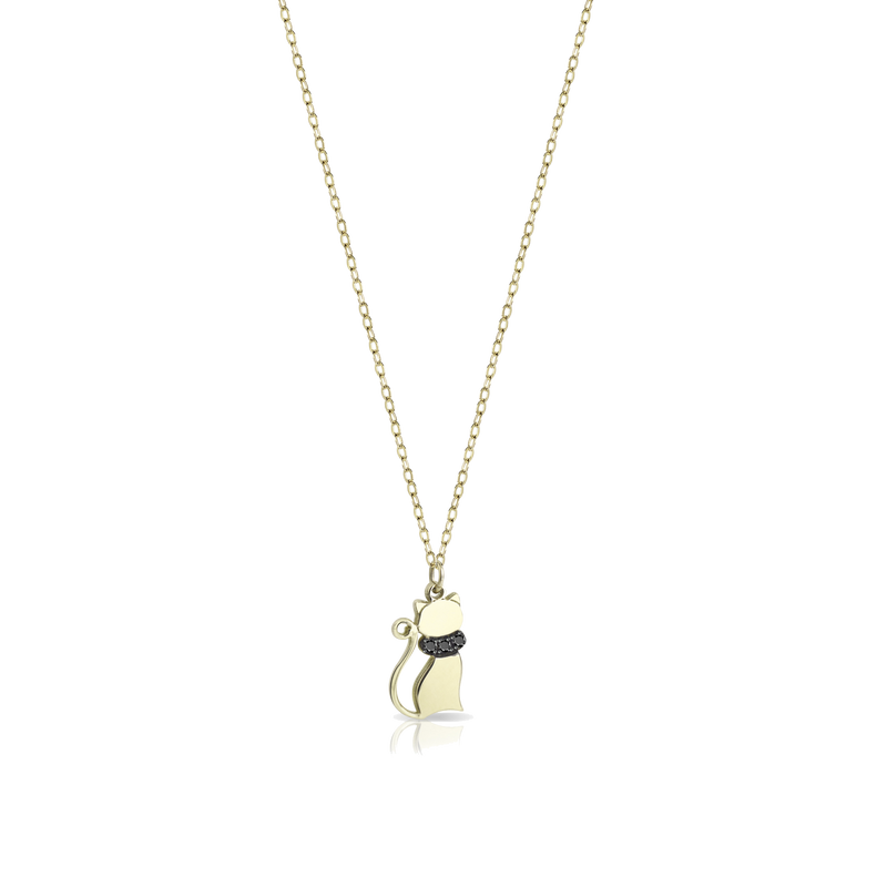 Gold necklace with pendant in the shape of a kitten and black diamonds