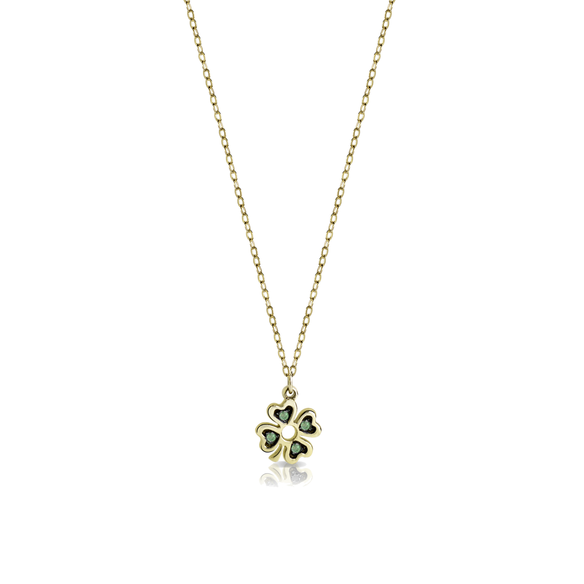 Gold necklace with four-leaf clover pendant and emeralds