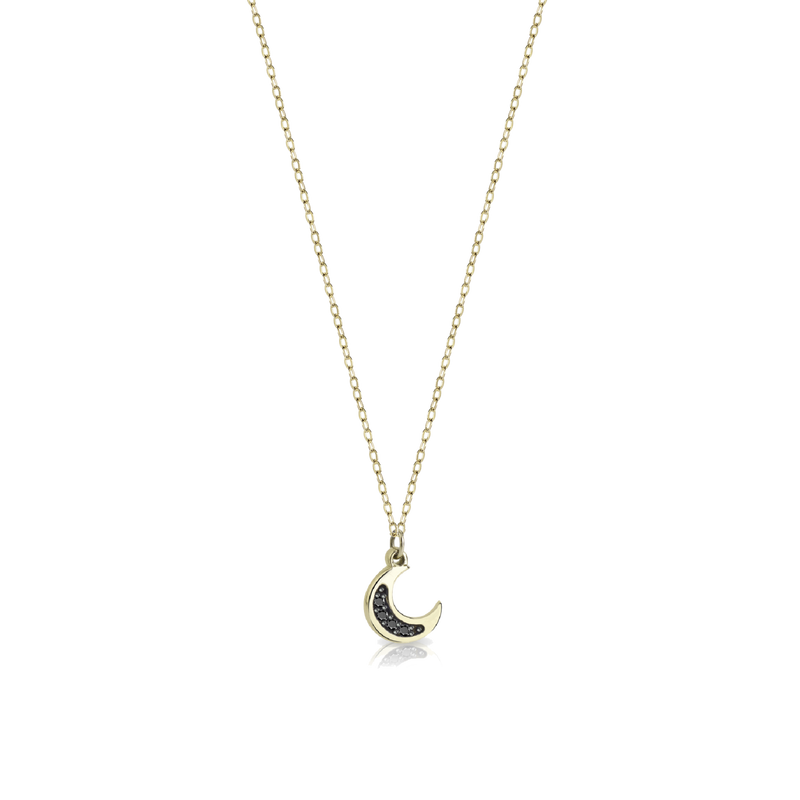 Gold necklace with moon-shaped pendant and black diamonds