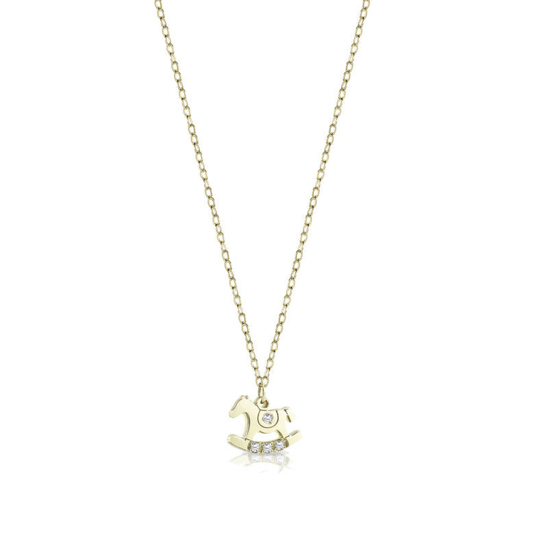 Gold necklace with rocking horse pendant and diamonds