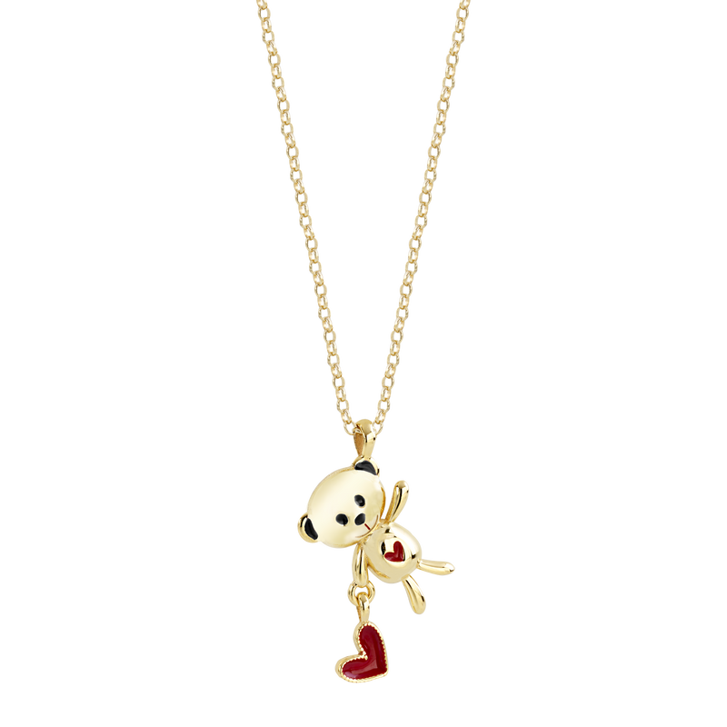 Gold necklace with teddy bear pendant and pink sapphires