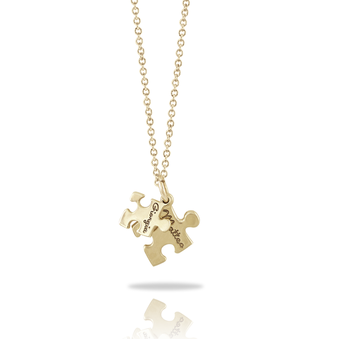 Collana con 2 ciondoli in oro a forma di puzzle e nome personalizzabile