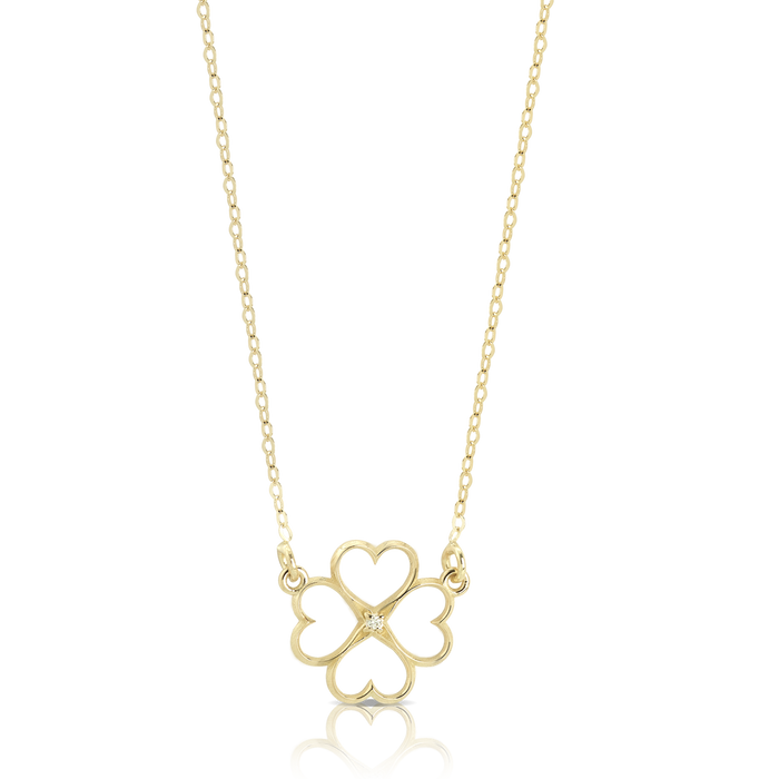Collana in oro con ciondolo a forma di quadrifoglio traforato e diamantino centrale