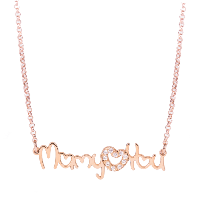 Collana con scritta Mamy♥ You in argento rosato e zirconi