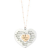 Catenina in argento bianco e rosato con ciondolo a forma di cuore con nomi degli alunni