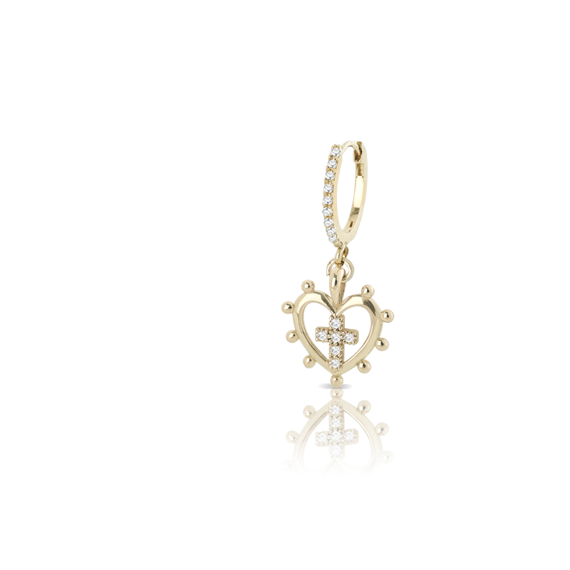 Monorecchino pendenti in oro 18 kt con cuore sacro e croce di diamanti bianchi