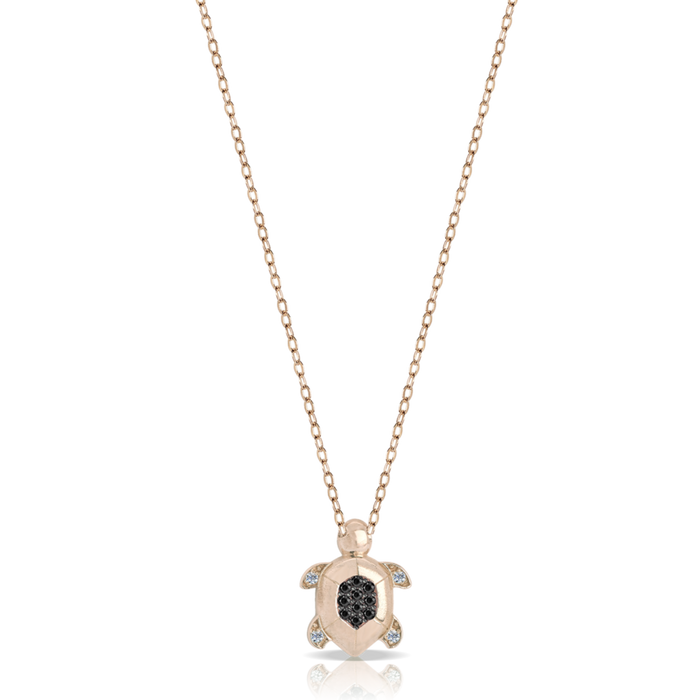 Collana in oro 18 kt con charm tartaruga e diamanti neri e bianchi