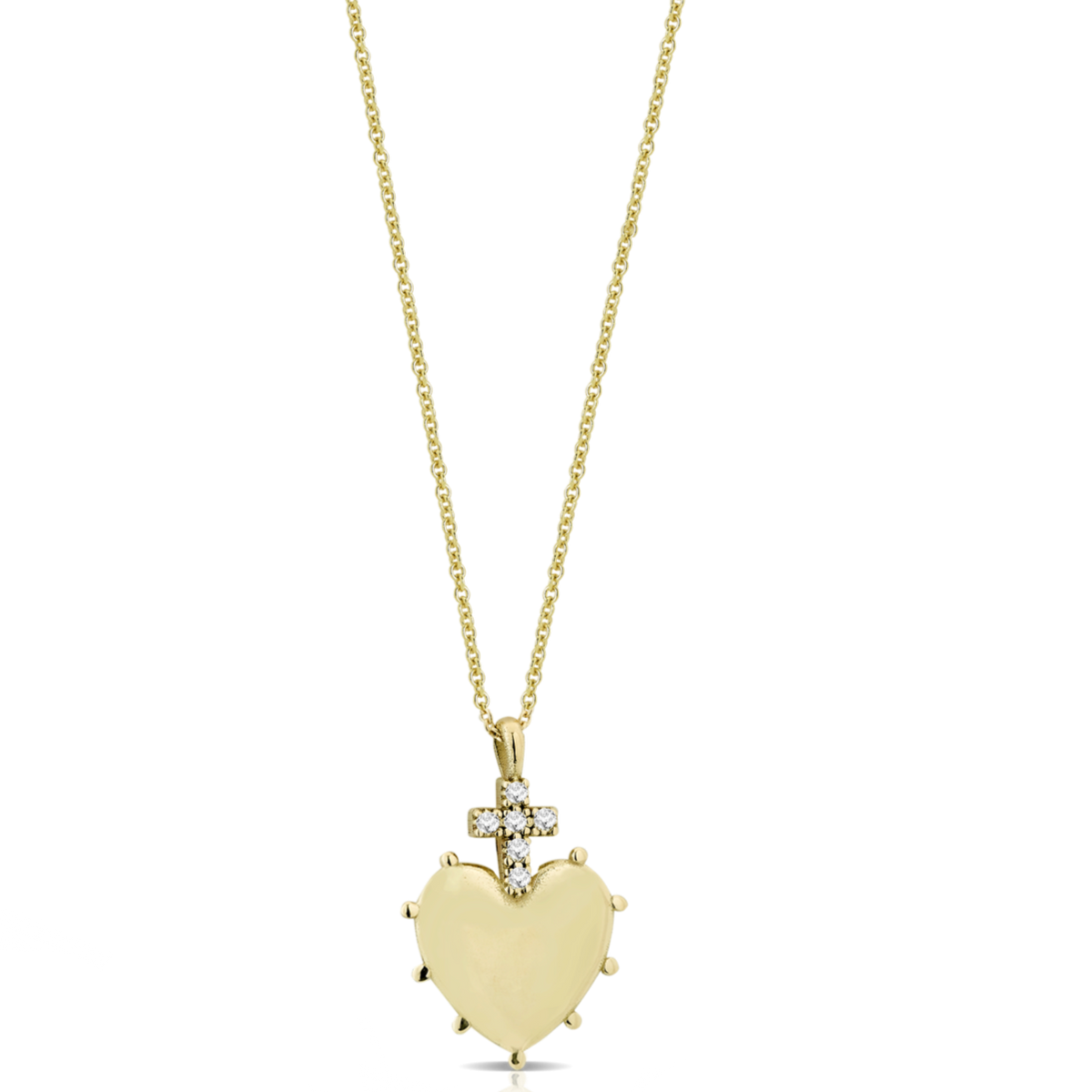 Collana in oro 18 kt con cuore sacro piccolo e croce di diamanti bianchi